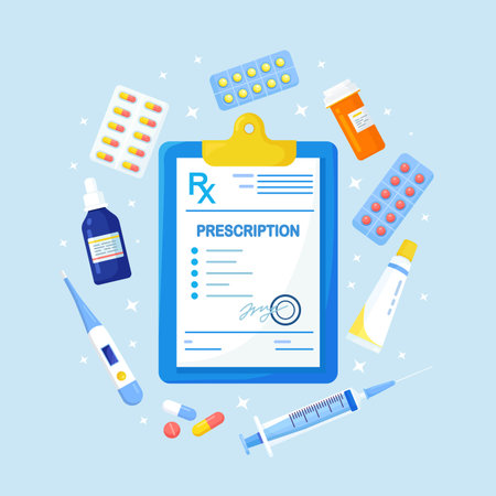 Rx medical prescription form for medicines, pills bottle, blisters with capsules. Pharmacology, pharmaceutical industry, therapy drugs, healthcare devices. vector illustrationのイラスト素材