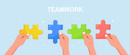 Businessmen hold in hands the pieces of jigsaw puzzle and connect it. Team work business metaphor. Teamwork, success conceptのイラスト素材