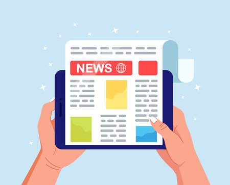 Newspaper or news paper on tablet pc screen. Man reading world news magazine on digital device. online media business conceptのイラスト素材