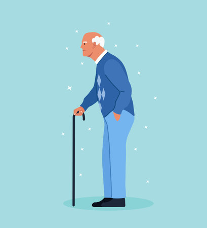 Elderly man with walking cane. Handsome old man in casual outfit with stickのイラスト素材