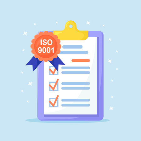 Standard for quality control. quality management system checklist in clipboard. Certified ISO 9001 Documents. International certification conceptのイラスト素材