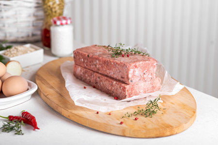 Semi-finished meat, seasoned on a wooden background.