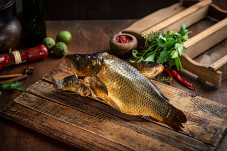 Cold smoked fish silver carp on a black board with herbs and onionsの写真素材