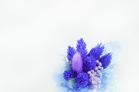 Top view of little cute purple statice flower on white empty paper on blue background in vintage toneの写真素材