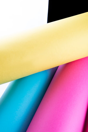 Abstract blurred background rainbow colors, yellow blue red stripes on white and black backgroundの写真素材