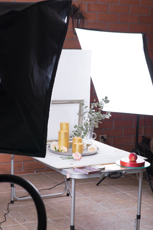 Studio subject photography, workflow. Close up of the camera shoots the subject.の写真素材