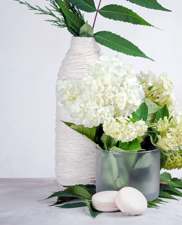 White hydrangea flowers in a glass vase. Close-up. Gray background.の写真素材