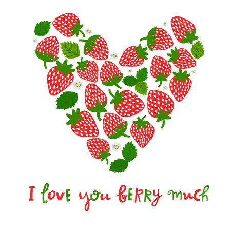 Hand drawn vector cute strawberry plant and berry. Cartoon illustration with lettering, word, typographyのイラスト素材