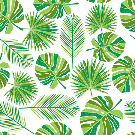 A Vector green tropical seamless pattern. Summer background isolated on whiteのイラスト素材