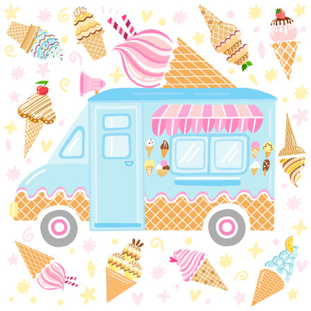 Ice cream with truck on white background. Van vector illustration.のイラスト素材
