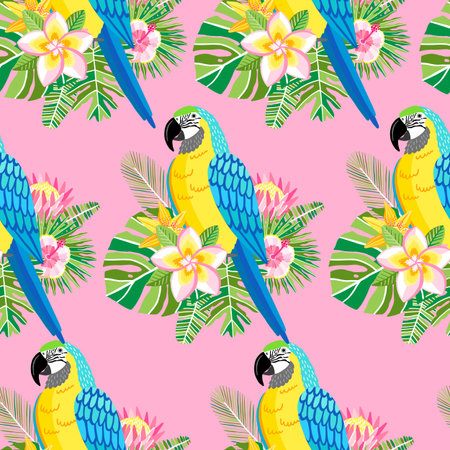 A Macaw parrot seamless pattern with tropical plantのイラスト素材