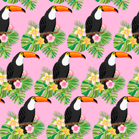 Toucan vector seamless pattern with tropical flowers.のイラスト素材