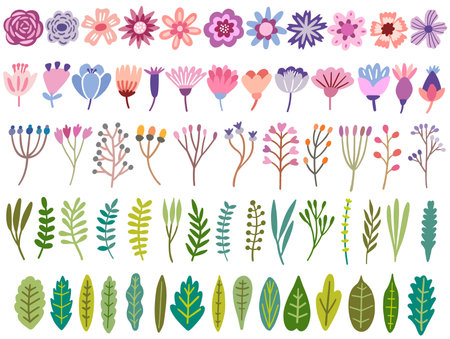 Set of flowers and leaves on a white backgroundのイラスト素材