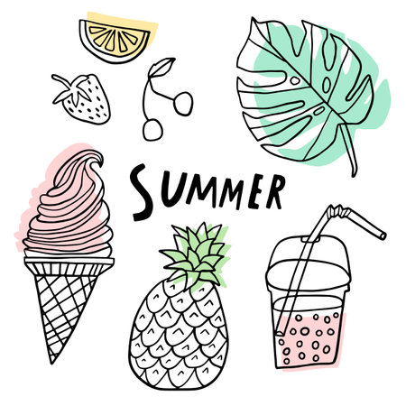 Summer vector set. Line cute doodle collection isolatedのイラスト素材