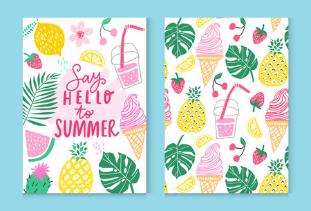Summer vector poster design. Summer pineapple, watermelon, cactus, tropical leaves