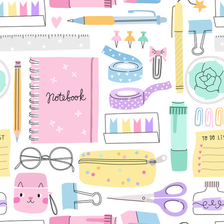 Stationery planner seamless pattern. Doodle cute school textureのイラスト素材