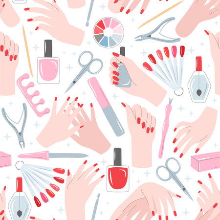 Manicure vector seamless pattern with hands and toolsのイラスト素材
