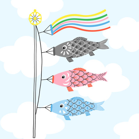 Koinobori carp streamer vector illustration on blue bakgroundのイラスト素材