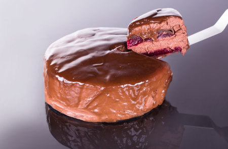 Chocolate cake with mousse filling and cherry.の写真素材