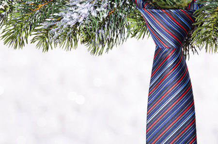 Tie on spruce branch on the background of snowflakesの写真素材
