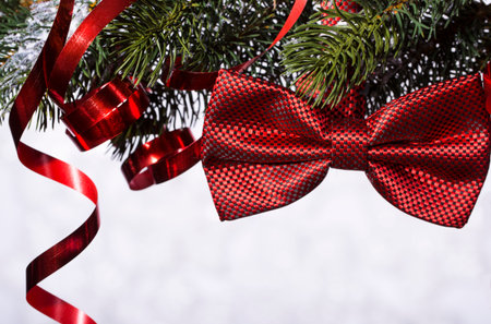 Tie on spruce branch on the background of snowflakesの写真素材