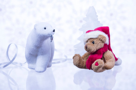 Polar Bear brought fish for brown bear. On New Year's background.の写真素材