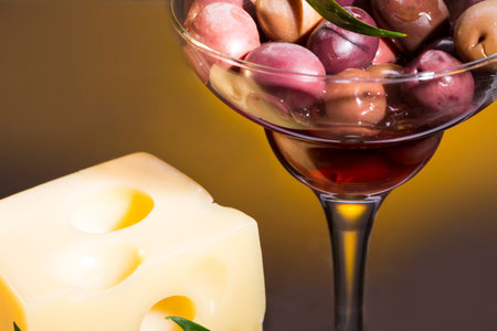 Large olives and olive branch in the glass on a yellow backgroundの写真素材