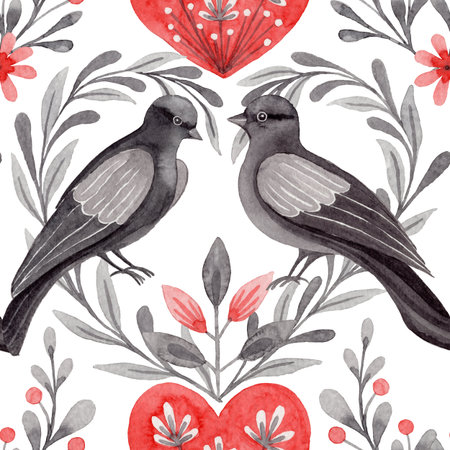 Watercolor hand painted seamless pattern loving couple of folklore gray doves red heart twigs on white backgroundの写真素材