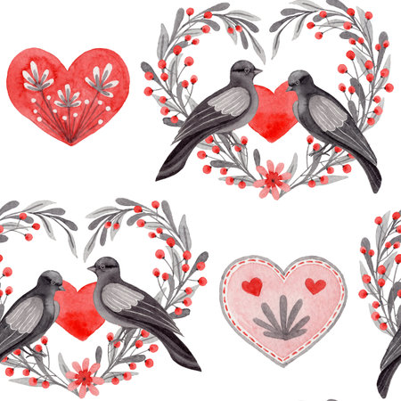 Watercolor hand painted seamless pattern loving couple of folklore gray doves red and pink heart twigs on white backgroundの写真素材