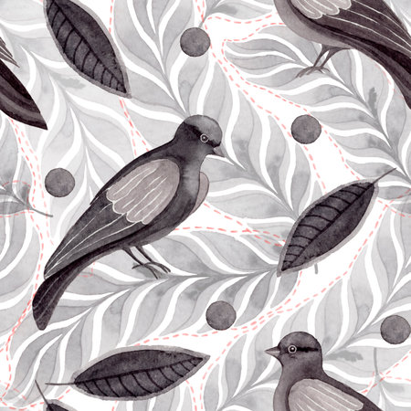Seamless pattern watercolor gray Dove bird with dots and feathers isolated on white background. Hand-drawn pigeon for card or wrapping paper. Wild sitting animal for sketchbook and wallpaper.の写真素材