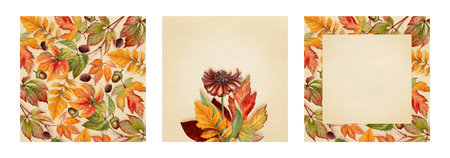 Autumn card template set square botanical illustration with copy space and beige background. Hand...