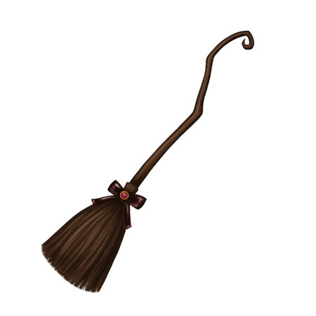 Witch broom with bow and twisted tip in cartoon style. Hand drawn Halloween dark enchanted flying broomstick magical illustration. Isolated drawing for autumn graphic and spooky season card design.の写真素材
