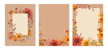 Set of rectangular vertical frame with fall watercolor flowers. Floral background of hand drawn autumn botanical illustration with branch and leaves. Textured backdrop paper for cards and invitations.の写真素材