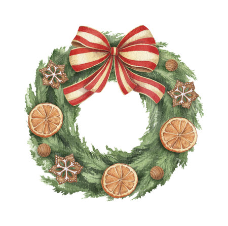 Christmas wreath of pine branches decorated with ornaments. Hand drawn watercolor winter illustration of home decor. Seasonal isolated drawing for tradition graphic and festive greeting card design.の写真素材