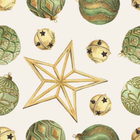Christmas seamless pattern with green and gold glass ball and star on a light background. Hand drawn watercolor winter holiday illustration. Isolated drawing for Xmas tradition greeting card design.の写真素材