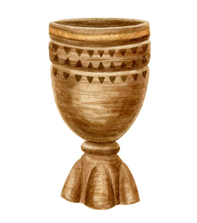 Unity cup wooden curved ritual goblet with gold tribal ornament. Hand drawn watercolor kikombe cha umoja for Kwanzaa holiday image. Isolated drawing for African-American cultural festive design.の写真素材