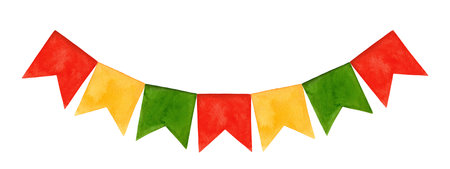 Party garland with red, green and yellow small flag symbol of carnival. Hand drawn watercolor Kwanzaa holiday illustration of paper pennant decorative element. Isolated drawing for festive designs.の写真素材