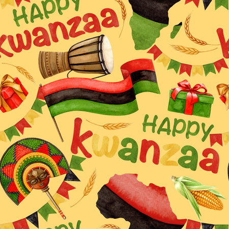 Happy Kwanzaa seamless pattern of Pan African flag, map and drum with gifts. Hand drawn watercolor holiday illustration of traditional symbol. Isolated drawing for African-American festive design.の写真素材