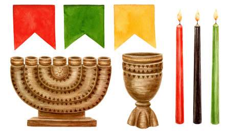 Set of Kinara wooden candleholder, green, black and red candle and small paper flag. Hand drawn watercolor Kwanzaa holiday illustration. Isolated drawing for African-American cultural festive design.の写真素材