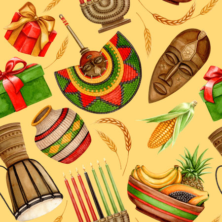 Kwanzaa seamless pattern of scattered African drum, fan and Kinara with gifts. Hand drawn watercolor holiday illustration of traditional symbol. Isolated drawing for African-American festive design.の写真素材