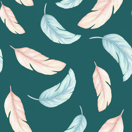 Pink and blue flying feathers seamless pattern in cartoon style. Hand drawn watercolor illustration on a teal background. Perfect for pajama party theme template and childish paper or fabric design.の写真素材