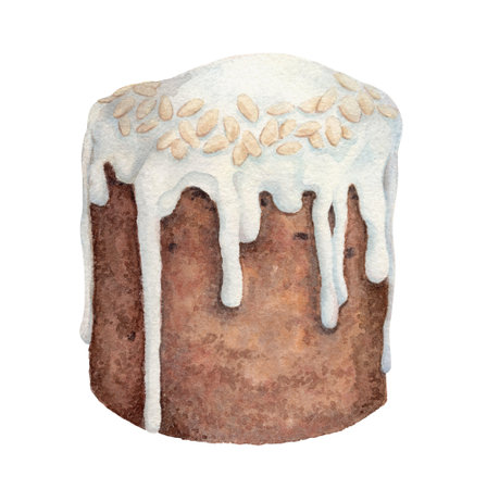 Traditional Easter cake with almond flakes and glaze in a vintage watercolor style. Realistic hand...