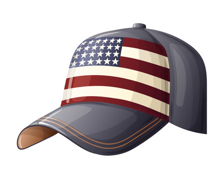 Cap patriotic vector illustration with American flag in cartoon style. Baseball hat graphic design with stars and strips for 4th july party. Perfect for Independence day template and tshirt design.のイラスト素材
