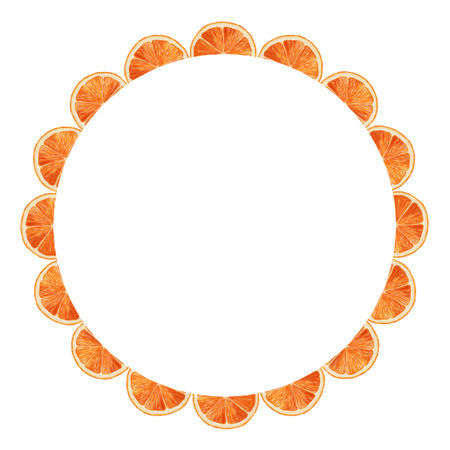 Round wreath of juicy orange half slices in hand drawn watercolor style. A bright and vibrant...