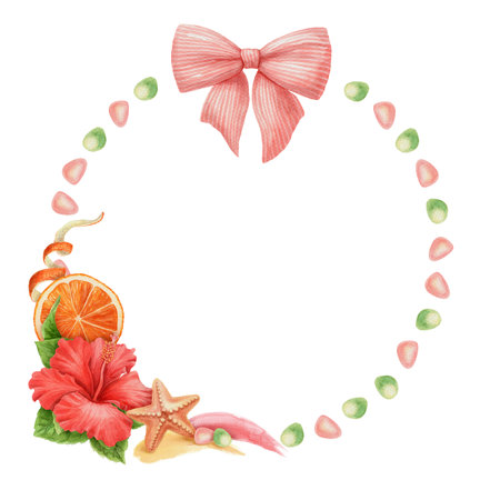 Round watercolor wreath with red hibiscus flower sea glass and starfish. Hand drawn summer design with pink bow. Great for tropical card template holiday artwork and seasonal nature illustration.の写真素材