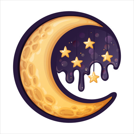 Moon with stars in circle vector cartoon illustration. Yellow crescent with glowing stars on dark blue sky in dreamy bedtime style. Great for book cover or nursery design. Perfect for sweet kid card.のイラスト素材