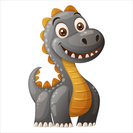 Dinosaur cartoon cute baby character in gray and yellow. Smiling hand drawn reptile with tail and teeth in playful vector style. Great for children books or web design. Perfect for kid card and print.のイラスト素材