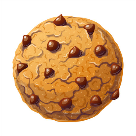 Chocolate chip vector cookie in cartoon style with crumb textures. Cute isolated dessert in beige and brown tones. Perfect for card web and book illustration or bakery and fastfood design projects.のイラスト素材