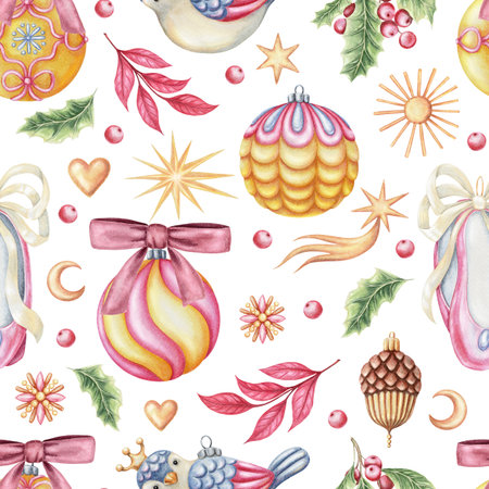 Christmas seamless pattern with ornaments and decor on white background. Hand drawn watercolor with sparkling pencil texture. Festive design in pink and yellow perfect for textile and wrapping paper.の写真素材