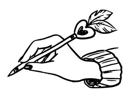 Writing woman hand with pencil vector illustration in doodle sketch style hand drawn outline in black and white. Simple art for valentines day design. Nice for romantic card. Great for creative note.のイラスト素材